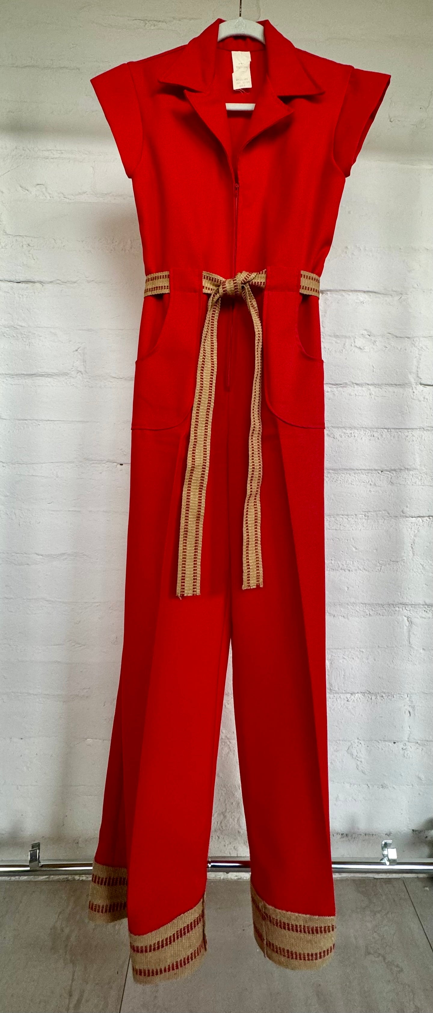 1970s red utility jumpsuit hemp hem and belt