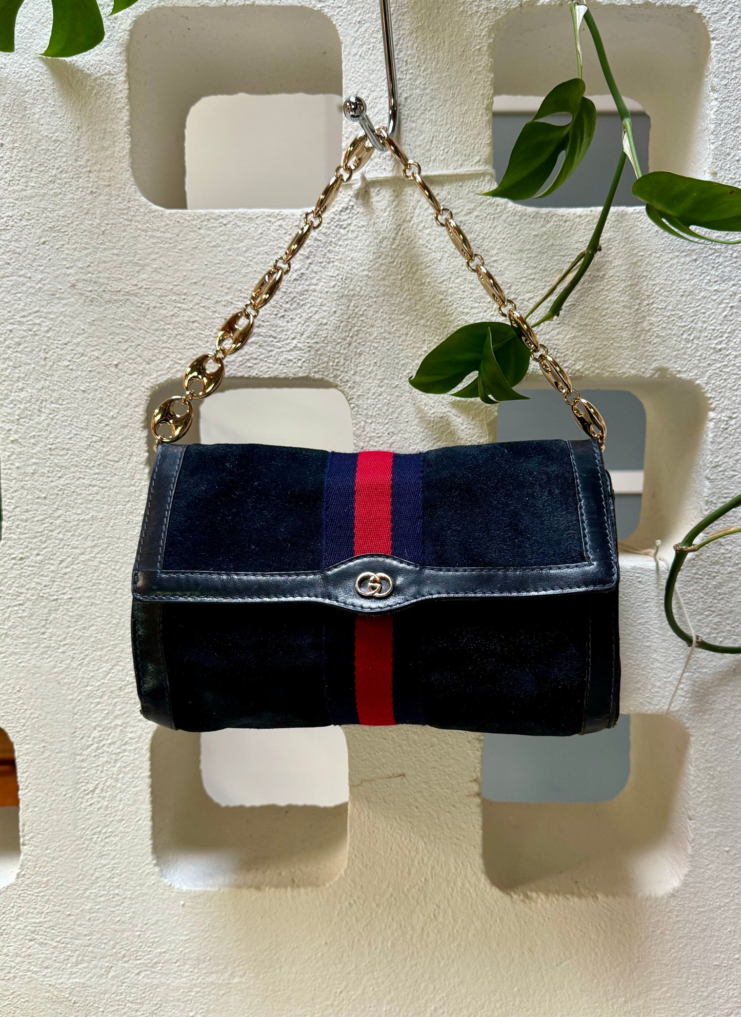 Navy Suede GUCCI Sherry Line Handbag Clutch