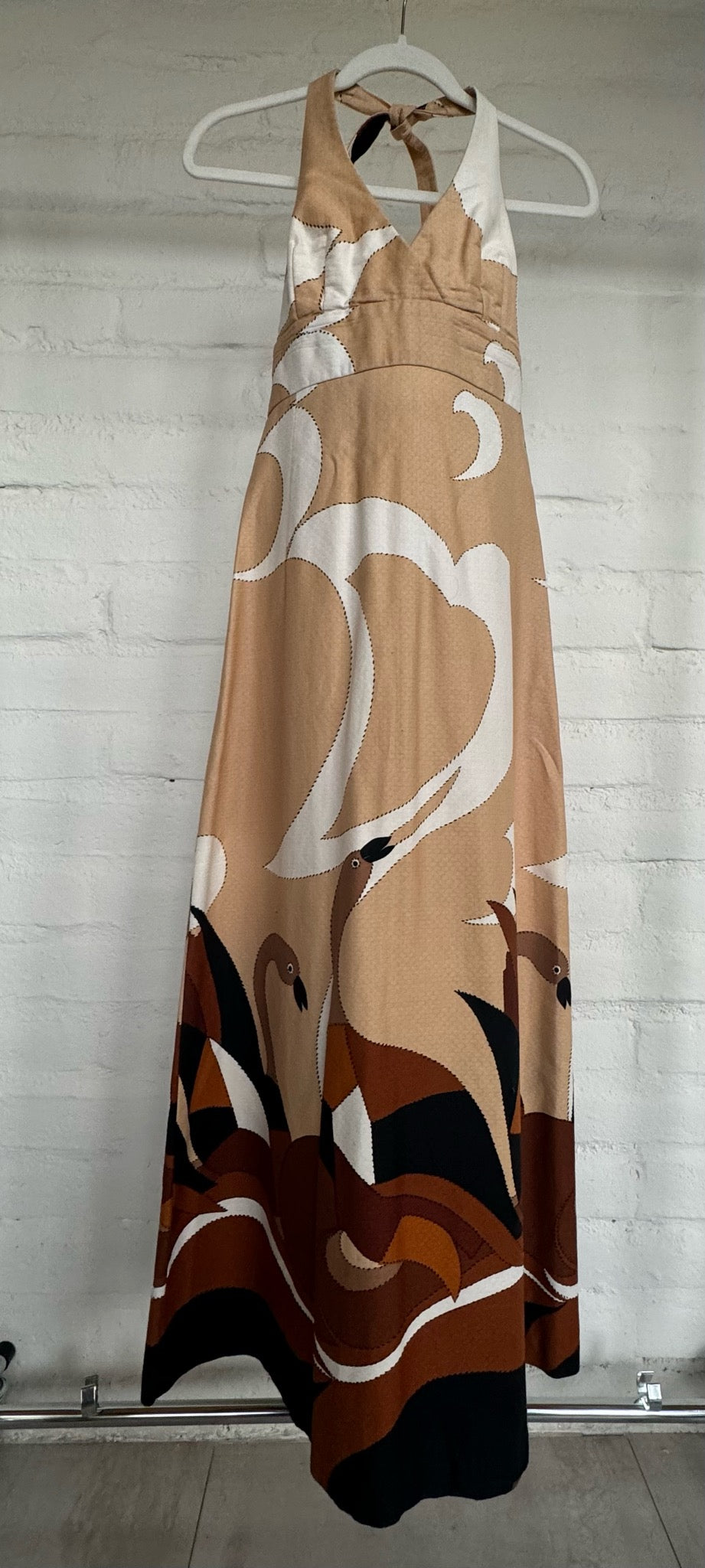 Malia of Honolulu maxi halter dress swan motif