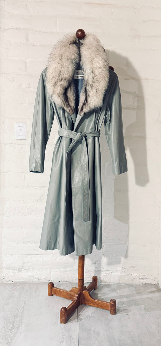 Vintage Powder Blue Leather Trench Silver Fox Collar